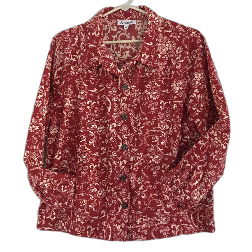 Serengeti Western Trucker Shacket Womens Sz L Red Bandana Floral Light Cotton - Picture 2 of 13